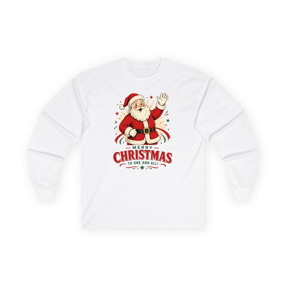 Waving Santa Merry Christmas personalised long sleeve Christmas T-shirt in white