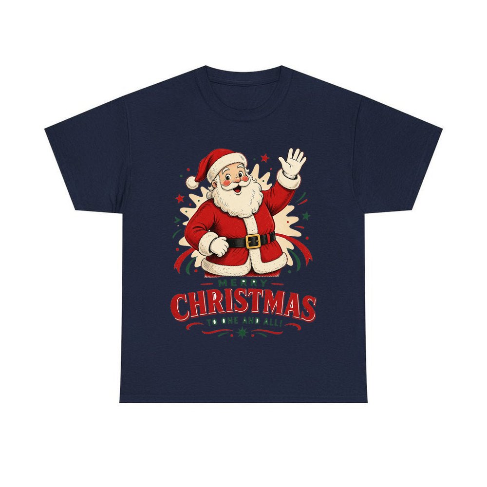 Waving Santa Merry Christmas personalised Christmas T-shirt in navy