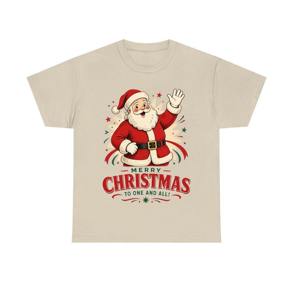 Waving Santa Merry Christmas personalised Christmas T-shirt in sand