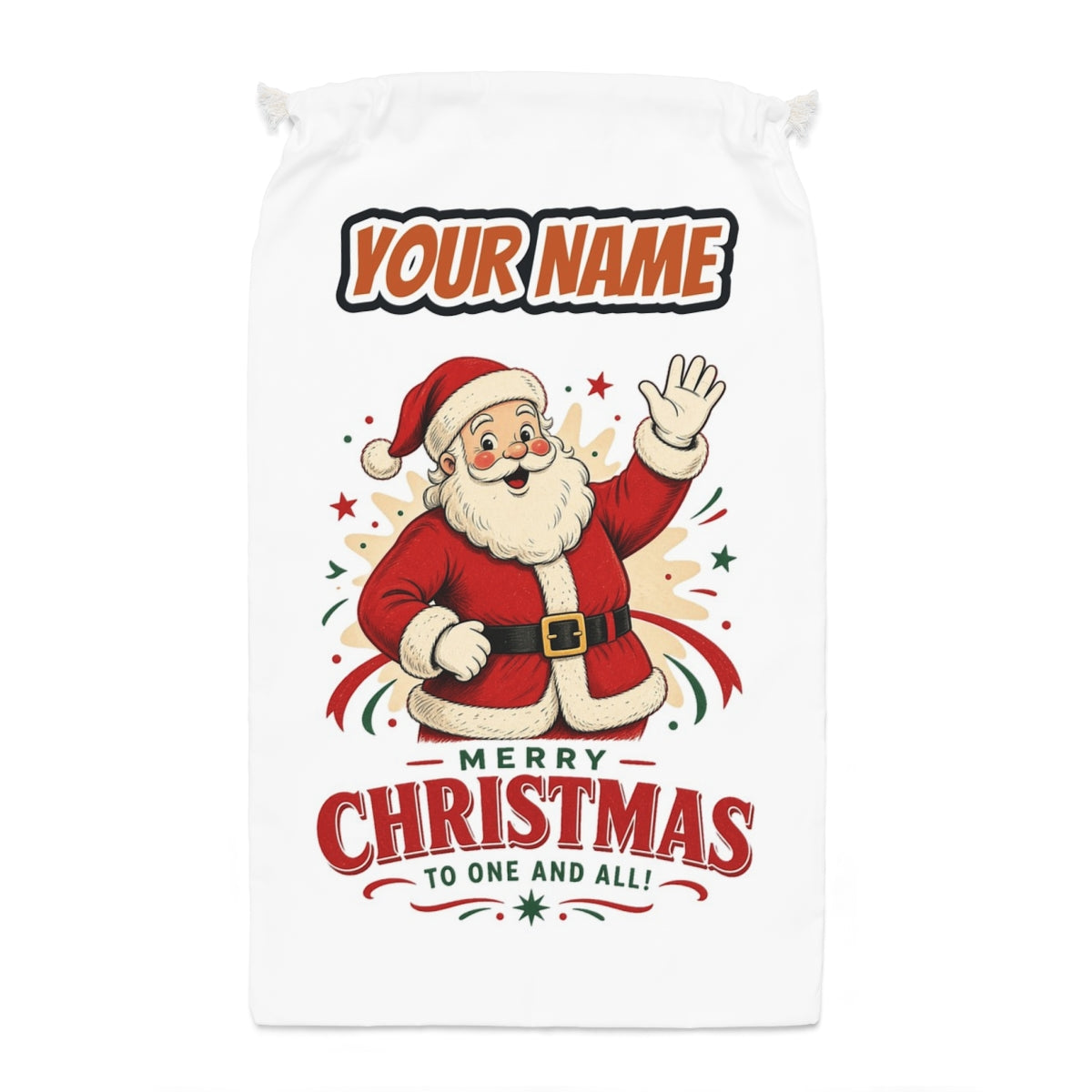 Waving Santa Merry Christmas Santa sack laid flat, showing the full print