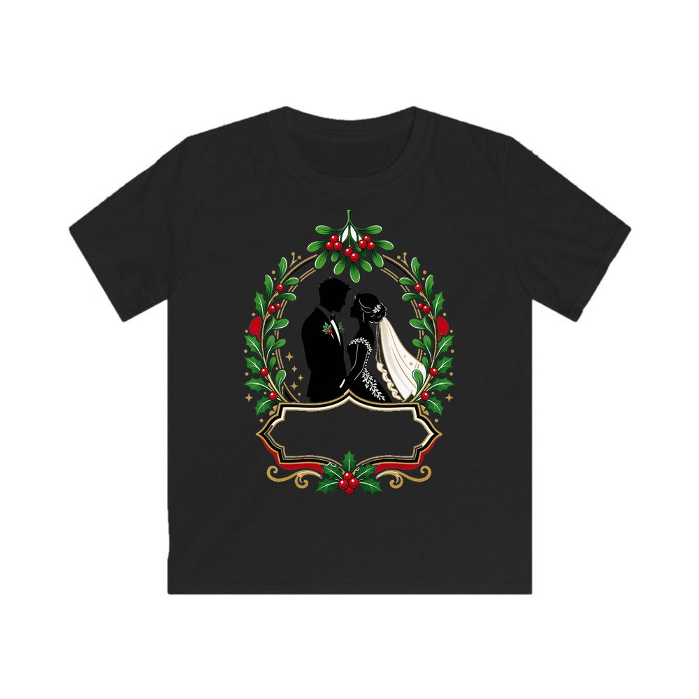 Wedding Couple Under Mistletoe personalised kids Christmas tee in black