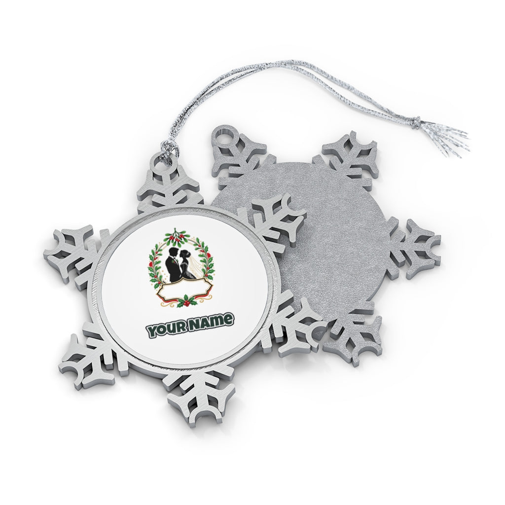 Wedding Couple Under Mistletoe Personalised Pewter Christmas Ornament