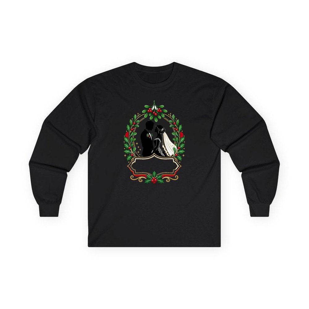 Wedding Couple Under Mistletoe personalised long sleeve Christmas T-shirt in black