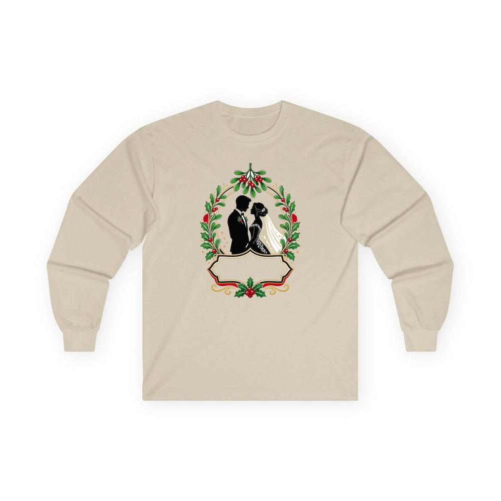 Wedding Couple Under Mistletoe personalised long sleeve Christmas T-shirt in sand