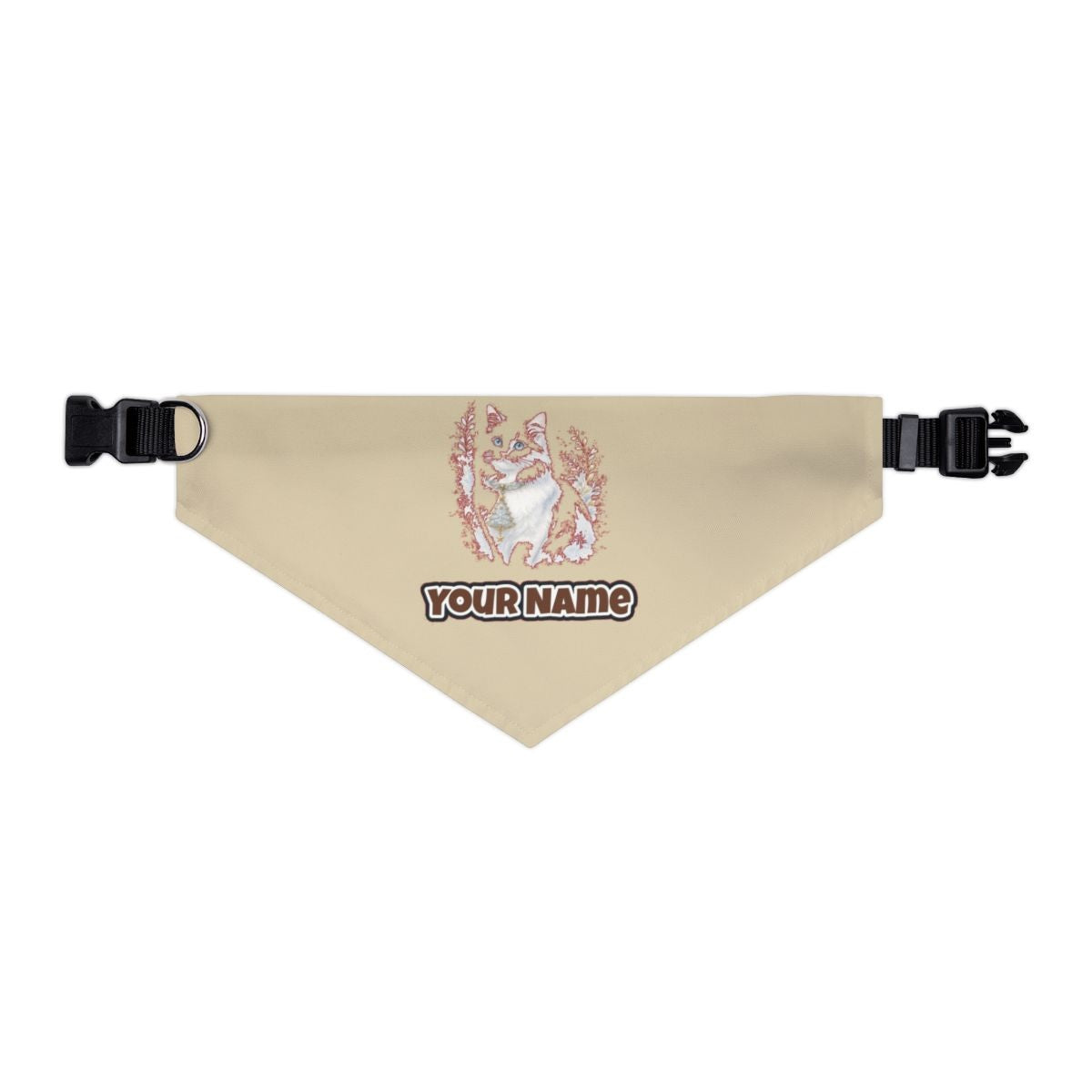 White Cat Christmas Charm personalised Christmas pet bandana in beige, collar with buckle