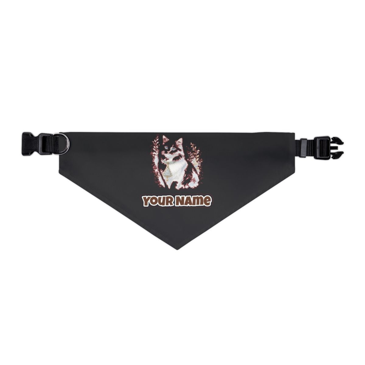 White Cat Christmas Charm personalised Christmas pet bandana in black, collar with buckle