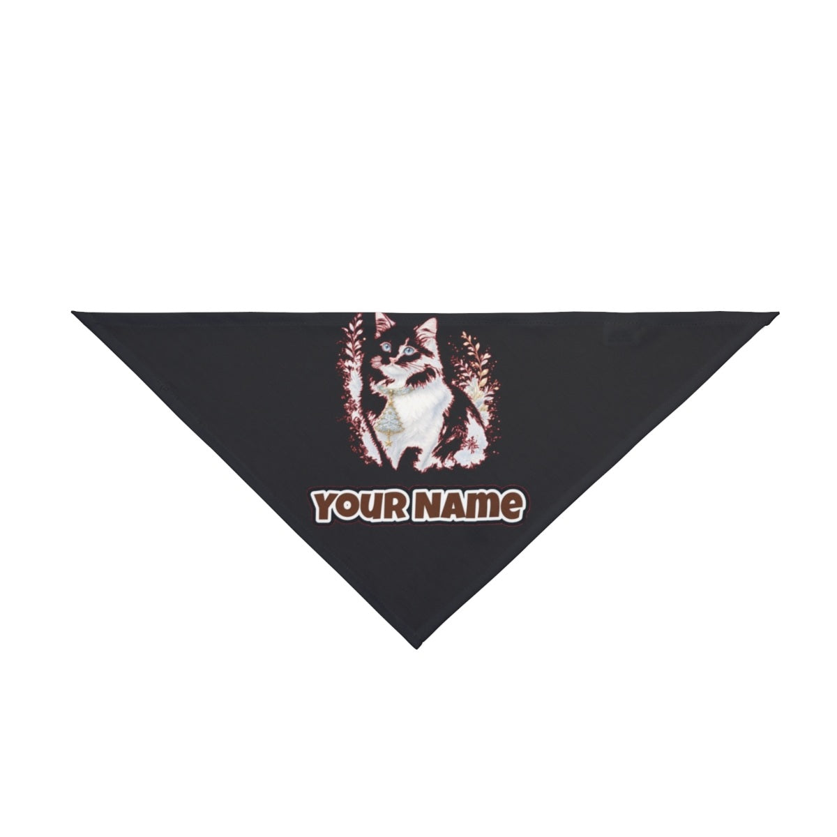 White Cat Christmas Charm personalised Christmas pet bandana in black, tie-on style