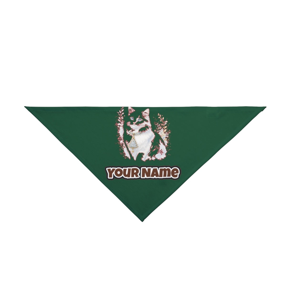White Cat Christmas Charm personalised Christmas pet bandana in green, tie-on style