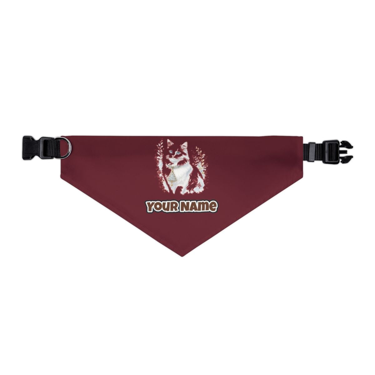 White Cat Christmas Charm personalised Christmas pet bandana in maroon, collar with buckle