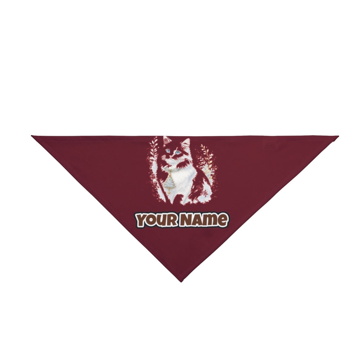 White Cat Christmas Charm personalised Christmas pet bandana in maroon, tie-on style