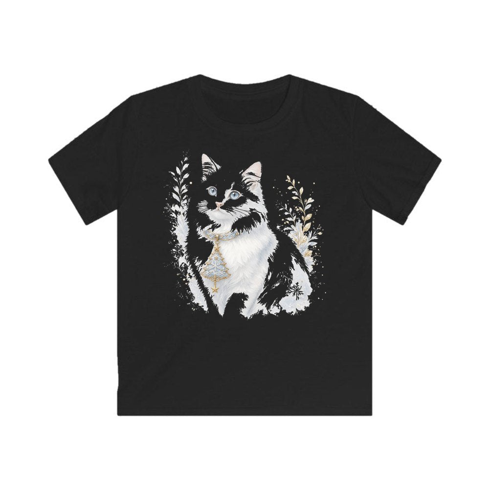 White Cat Christmas Charm personalised kids Christmas tee in black