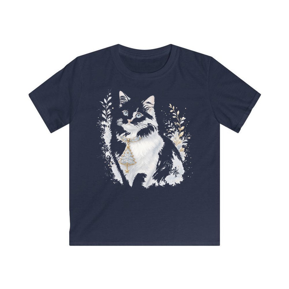 White Cat Christmas Charm personalised kids Christmas tee in navy