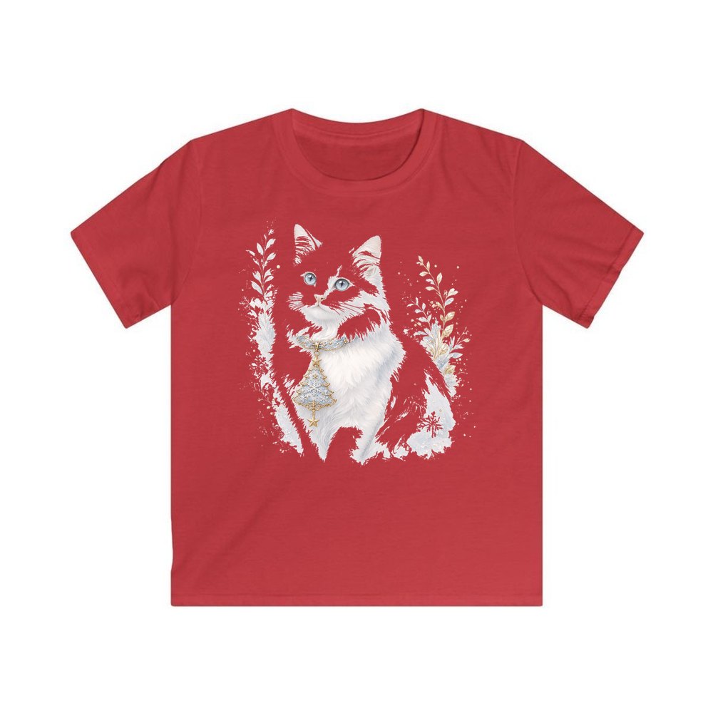 White Cat Christmas Charm personalised kids Christmas tee in red