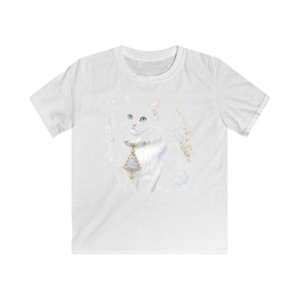 White Cat Christmas Charm personalised kids Christmas tee in white
