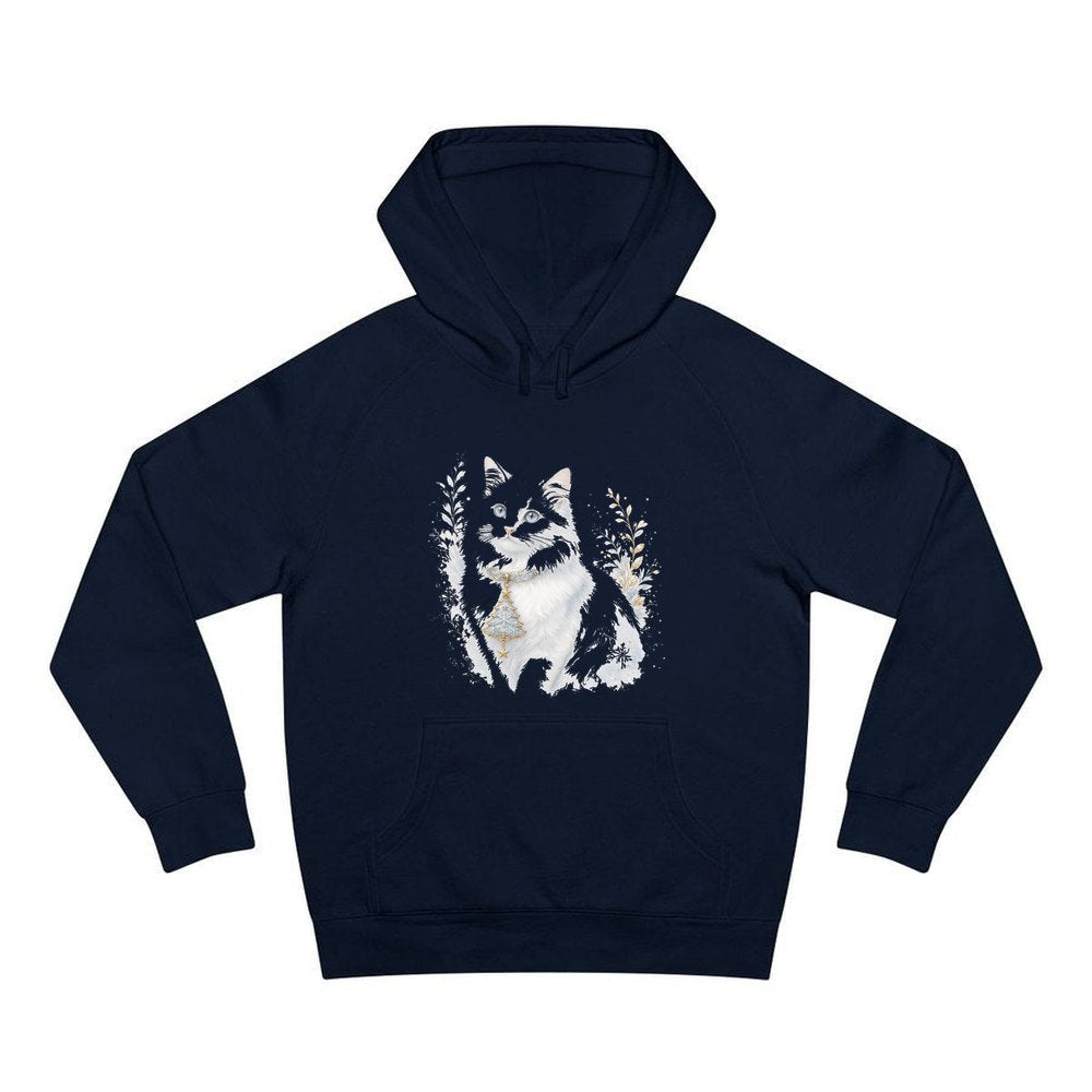 White Cat Christmas Charm personalised Christmas hoodie in navy