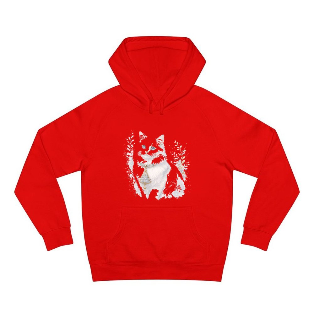 White Cat Christmas Charm personalised Christmas hoodie in red