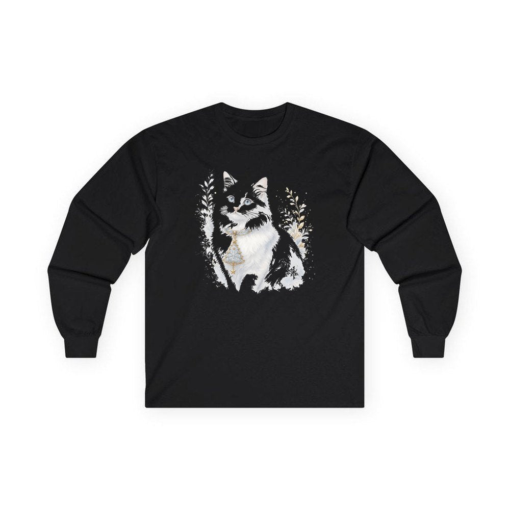 White Cat Christmas Charm personalised long sleeve Christmas T-shirt in black