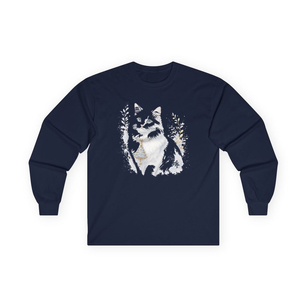 White Cat Christmas Charm personalised long sleeve Christmas T-shirt in navy