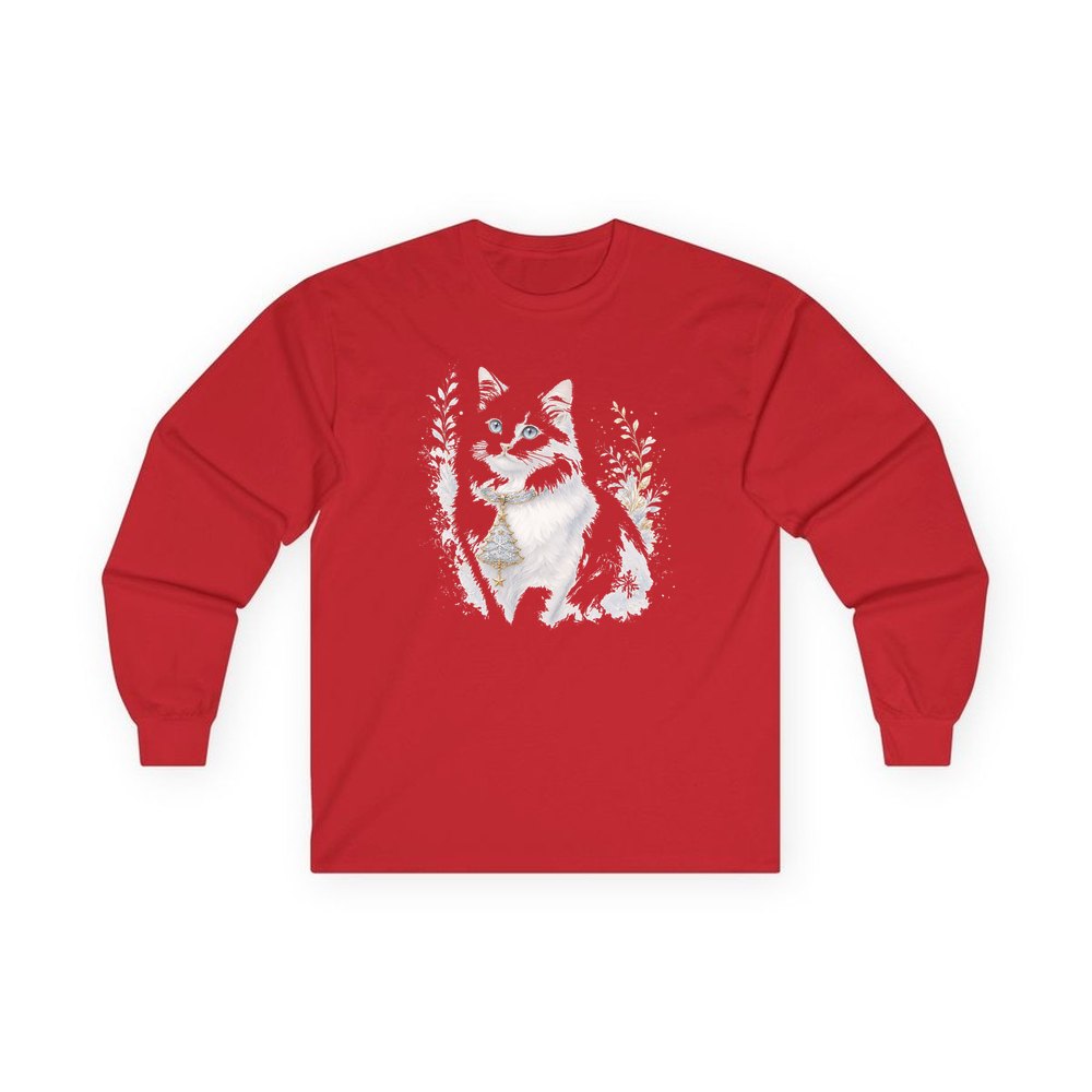 White Cat Christmas Charm personalised long sleeve Christmas T-shirt in red