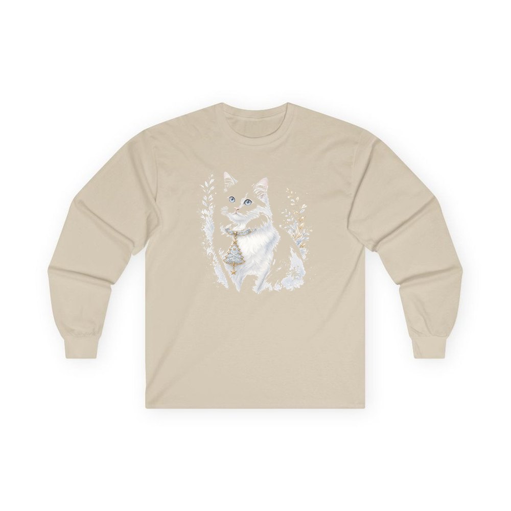 White Cat Christmas Charm personalised long sleeve Christmas T-shirt in sand