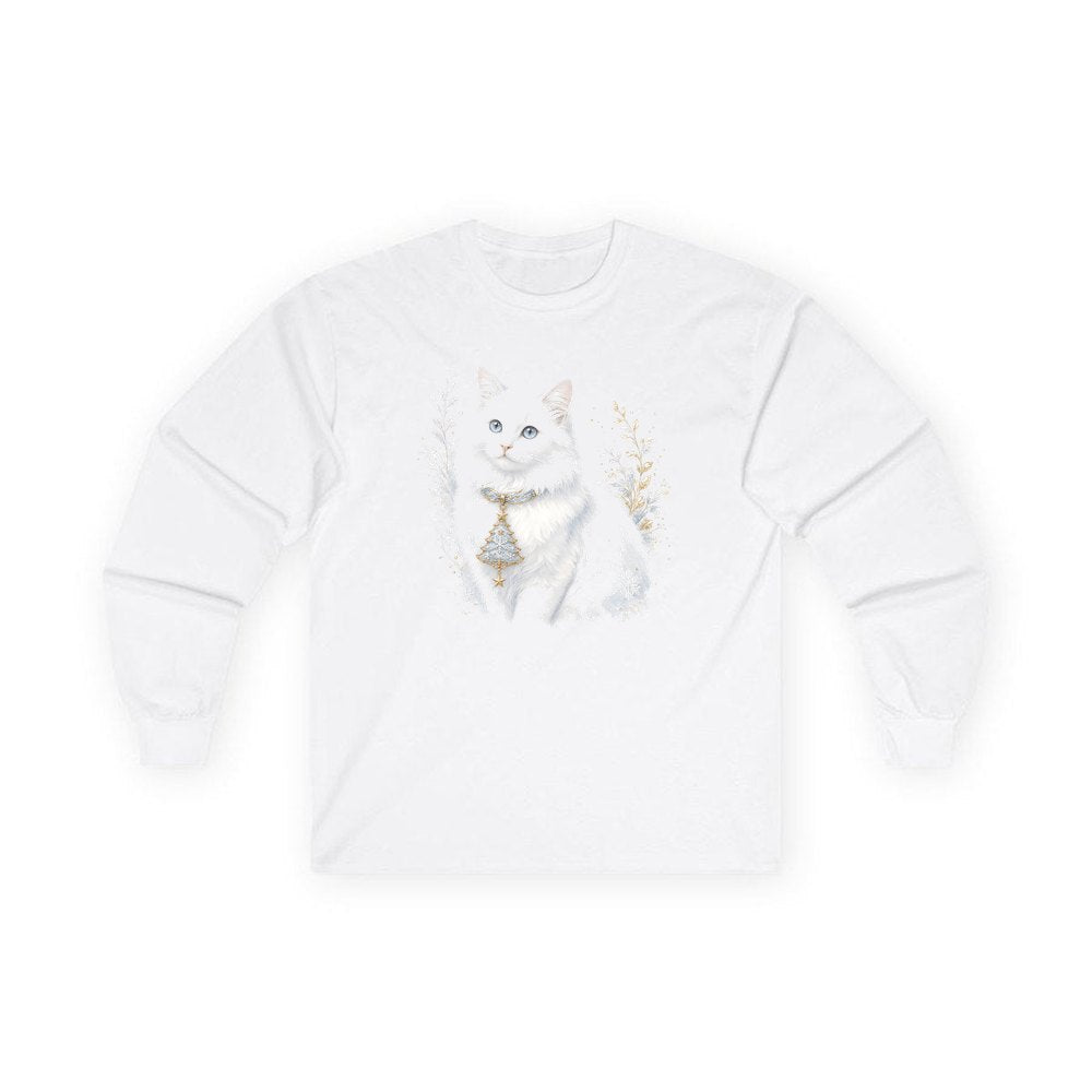 White Cat Christmas Charm personalised long sleeve Christmas T-shirt in white