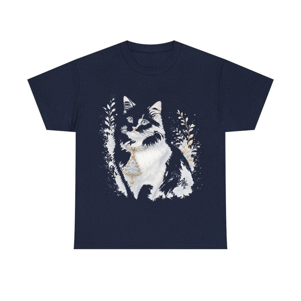 White Cat Christmas Charm personalised Christmas T-shirt in navy