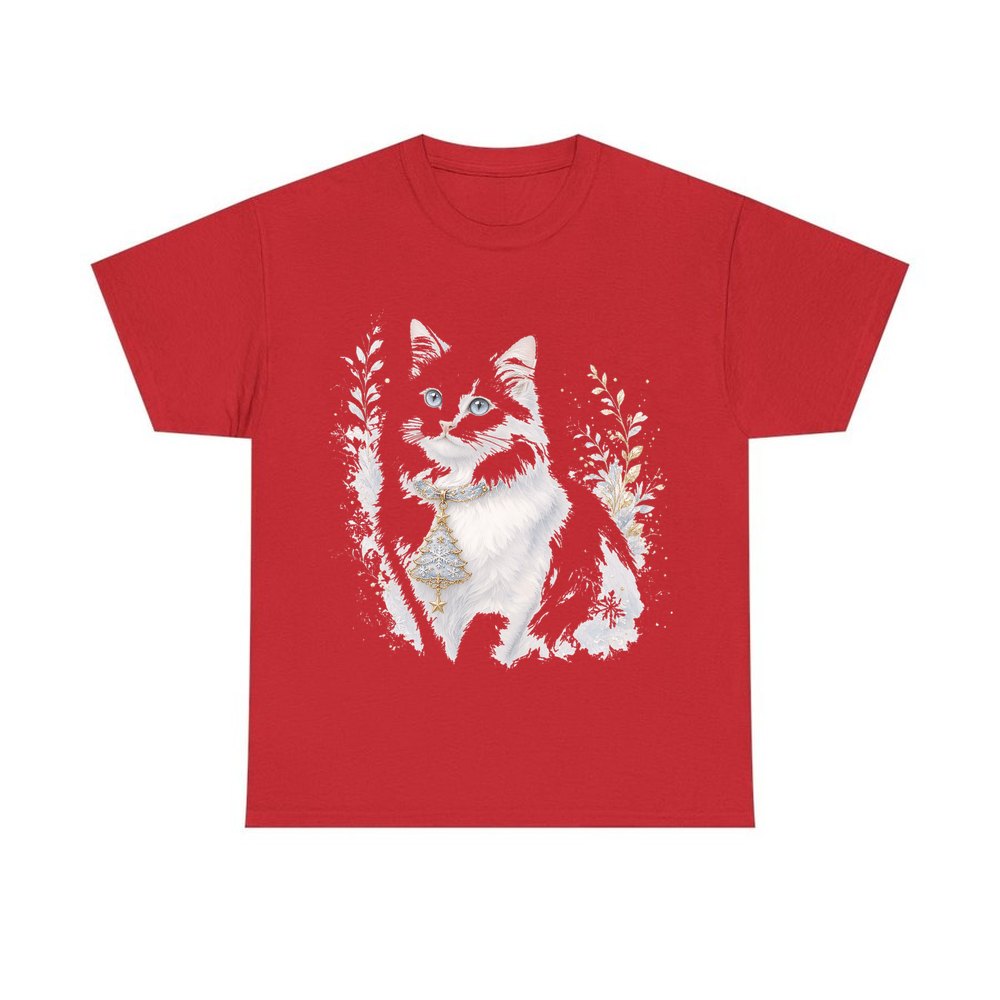 White Cat Christmas Charm personalised Christmas T-shirt in red