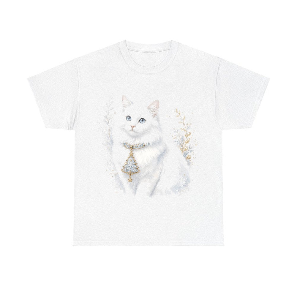 White Cat Christmas Charm personalised Christmas T-shirt in white