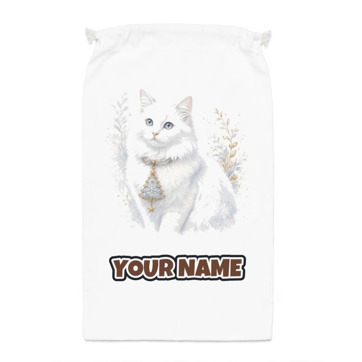 White Cat Christmas Charm Santa sack laid flat, showing the full print