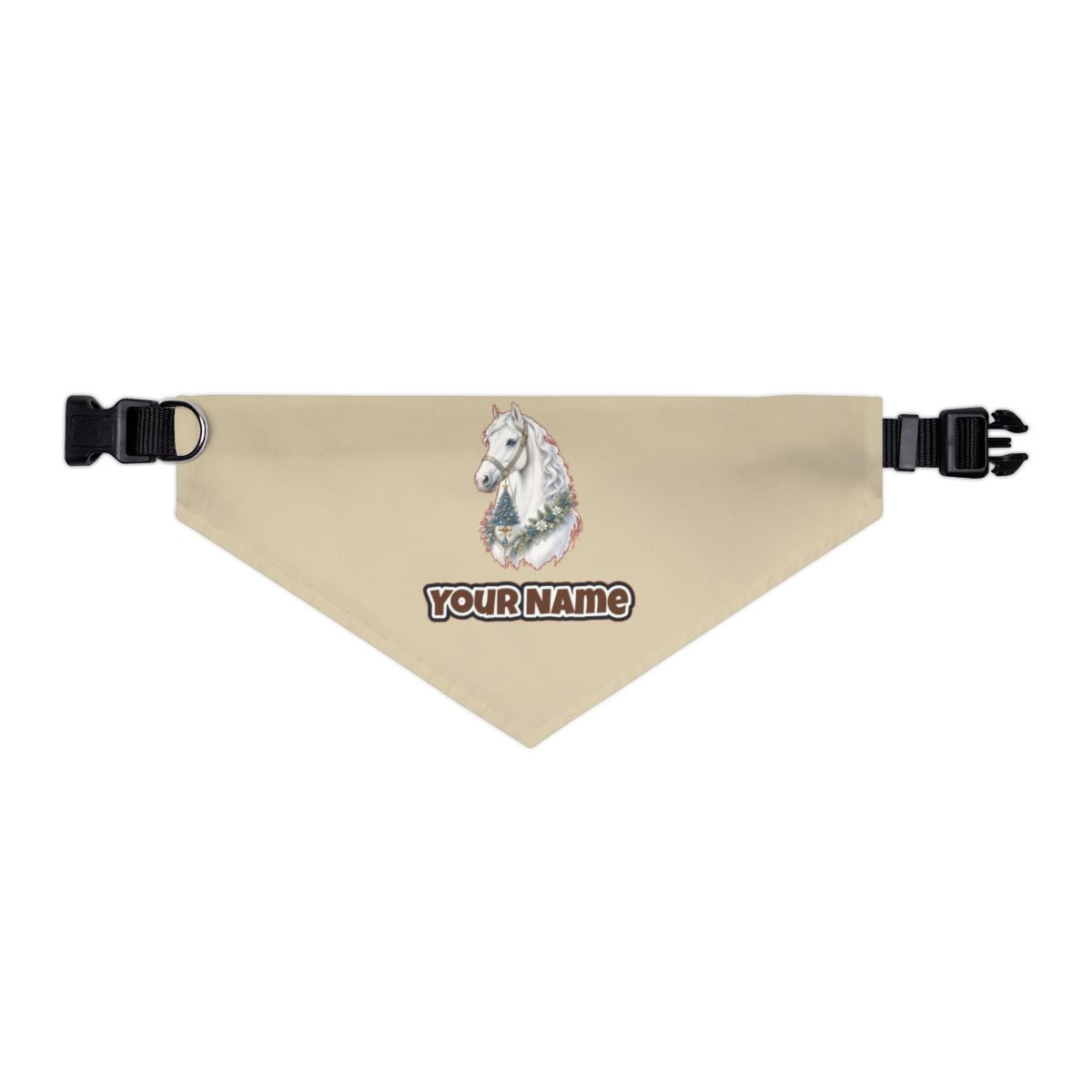 White Christmas Horse Portrait personalised Christmas pet bandana in beige, collar with buckle
