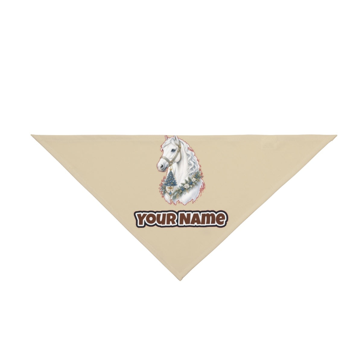 White Christmas Horse Portrait personalised Christmas pet bandana in beige, tie-on style