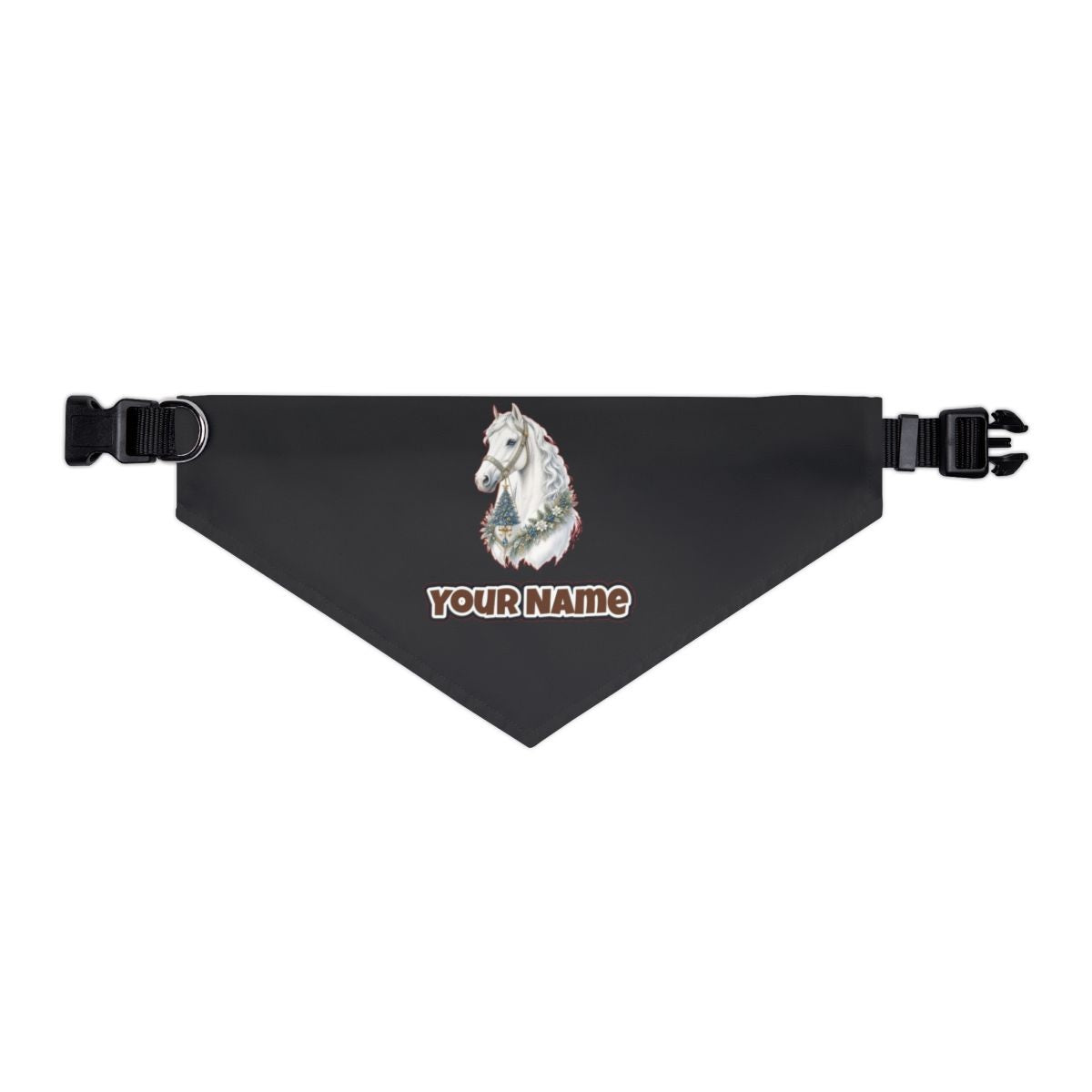 White Christmas Horse Portrait personalised Christmas pet bandana in black, collar with buckle