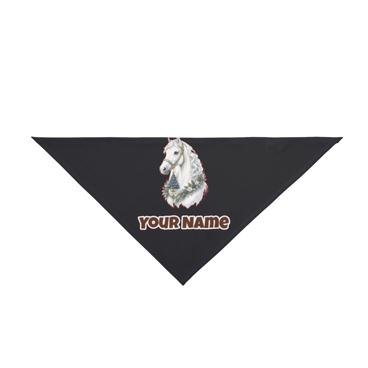 White Christmas Horse Portrait personalised Christmas pet bandana in black, tie-on style
