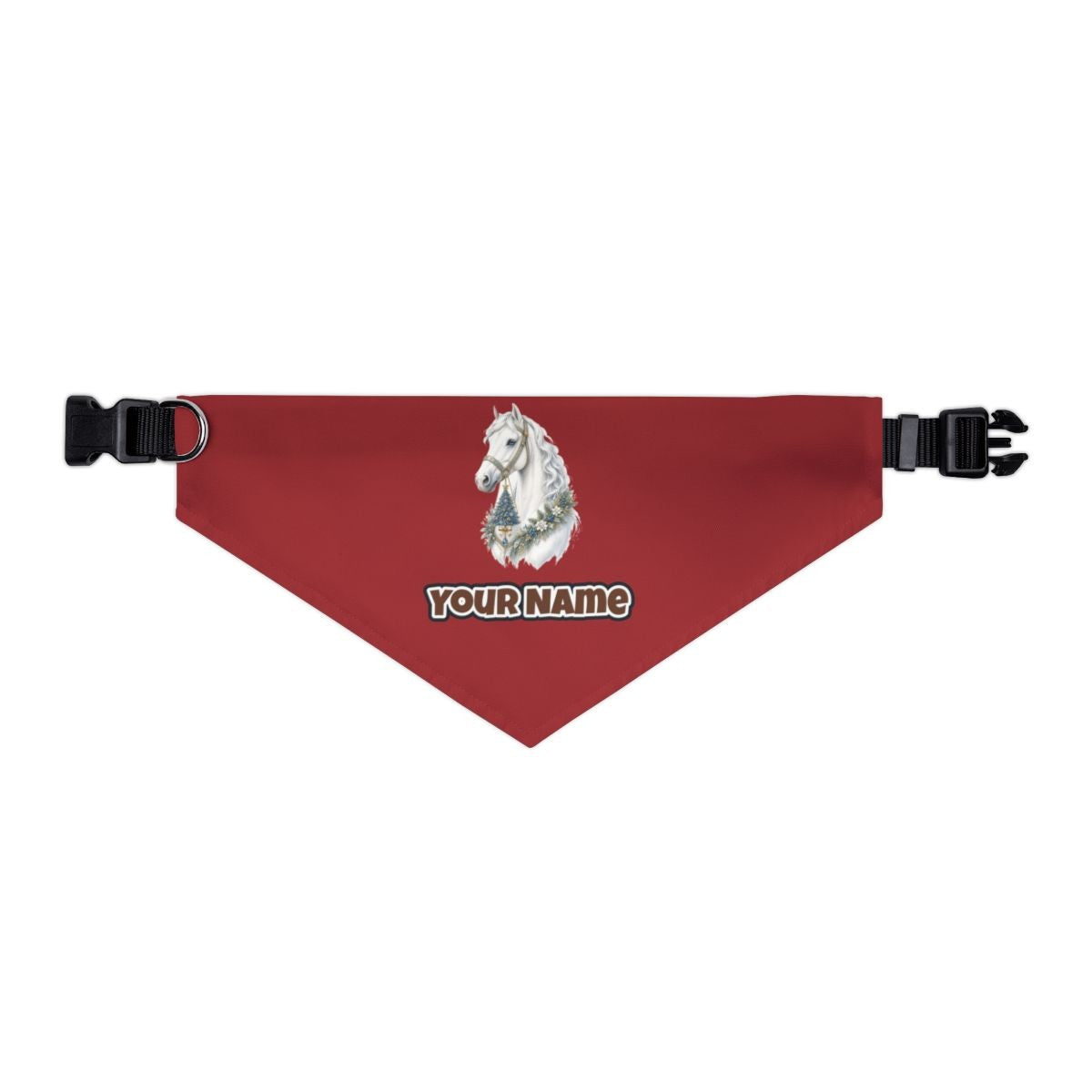 White Christmas Horse Portrait personalised Christmas pet bandana in red, collar with buckle