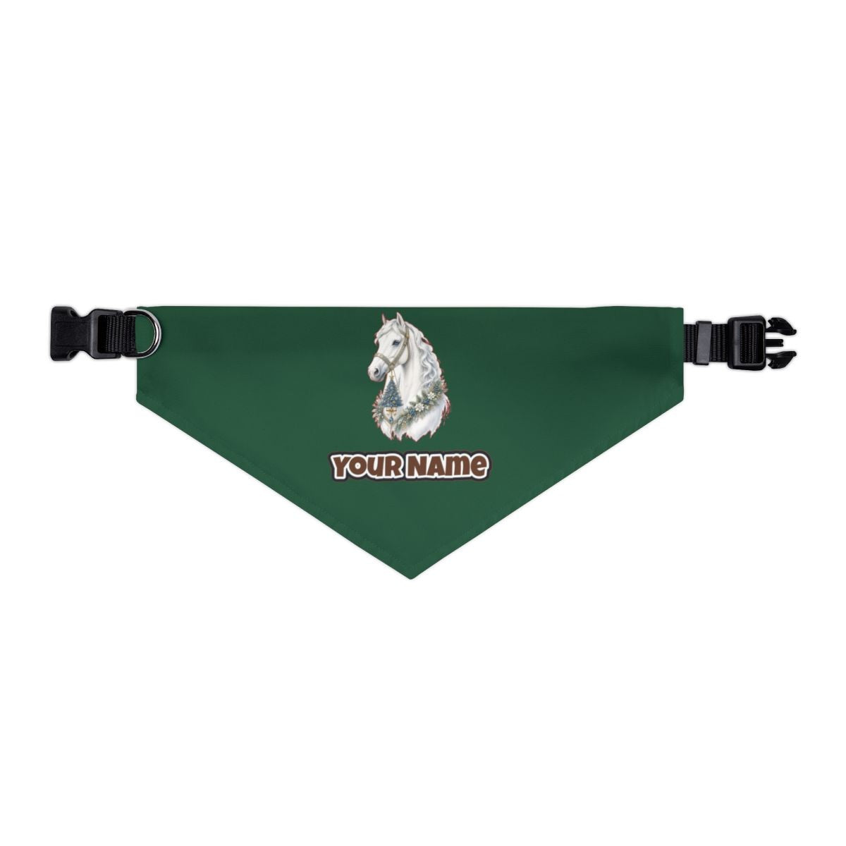 White Christmas Horse Portrait personalised Christmas pet bandana in green, collar with buckle
