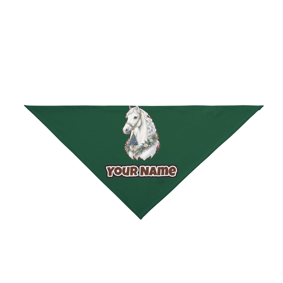 White Christmas Horse Portrait personalised Christmas pet bandana in green, tie-on style