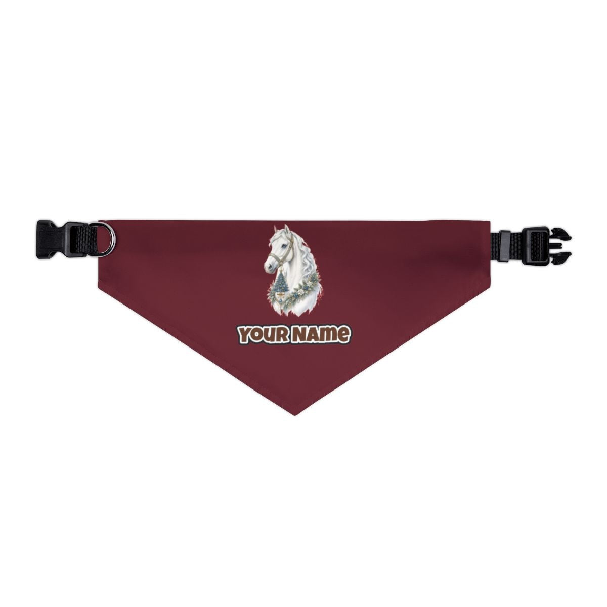 White Christmas Horse Portrait personalised Christmas pet bandana in maroon, collar with buckle