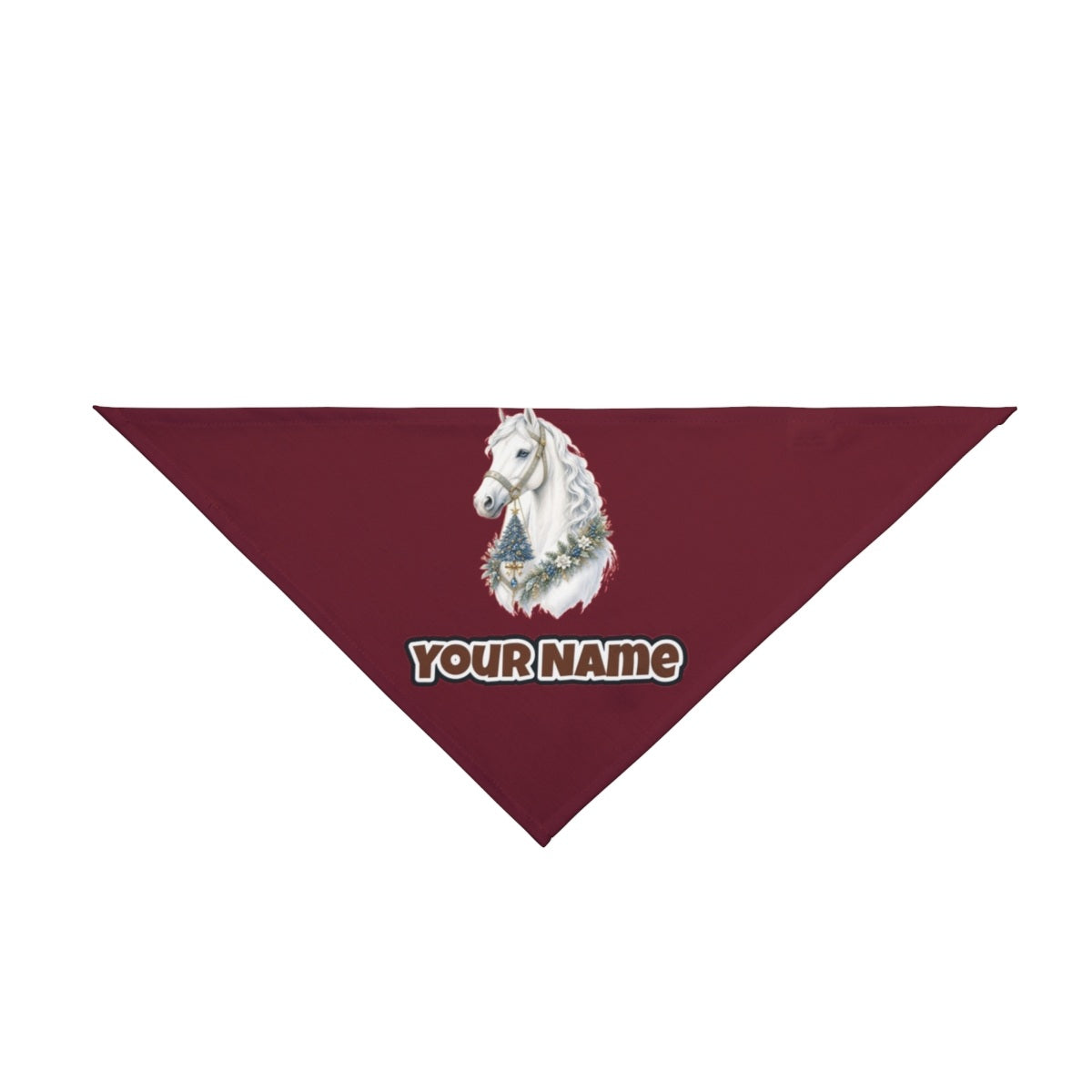 White Christmas Horse Portrait personalised Christmas pet bandana in maroon, tie-on style