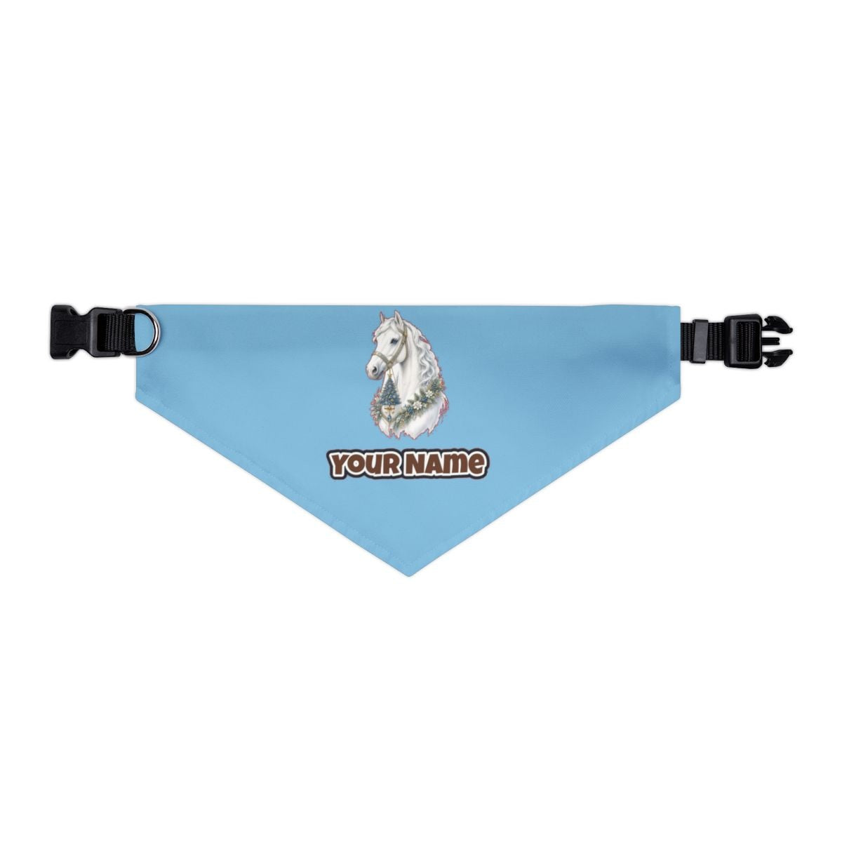 White Christmas Horse Portrait personalised Christmas pet bandana in sky blue, collar with buckle
