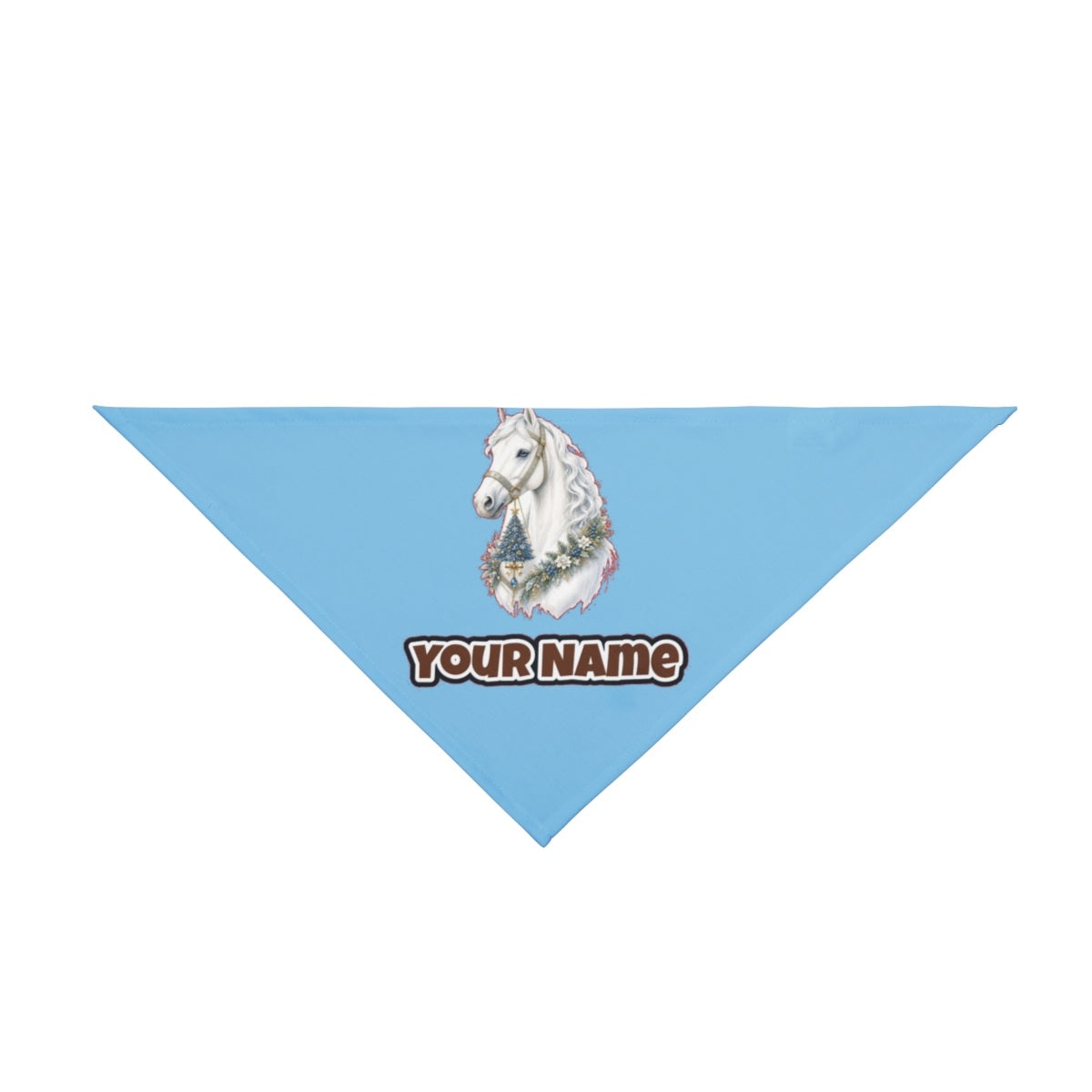 White Christmas Horse Portrait personalised Christmas pet bandana in sky blue, tie-on style