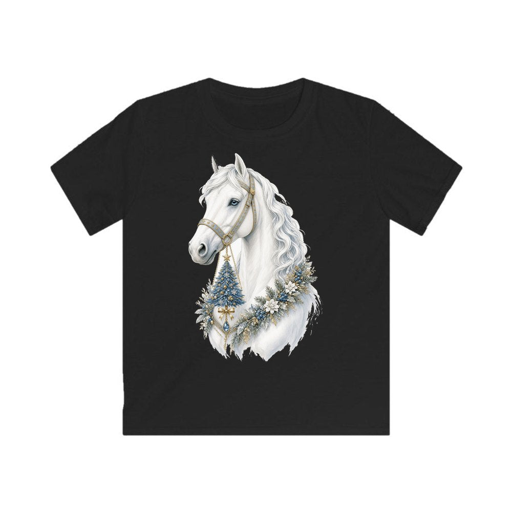 White Christmas Horse Portrait personalised kids Christmas tee in black
