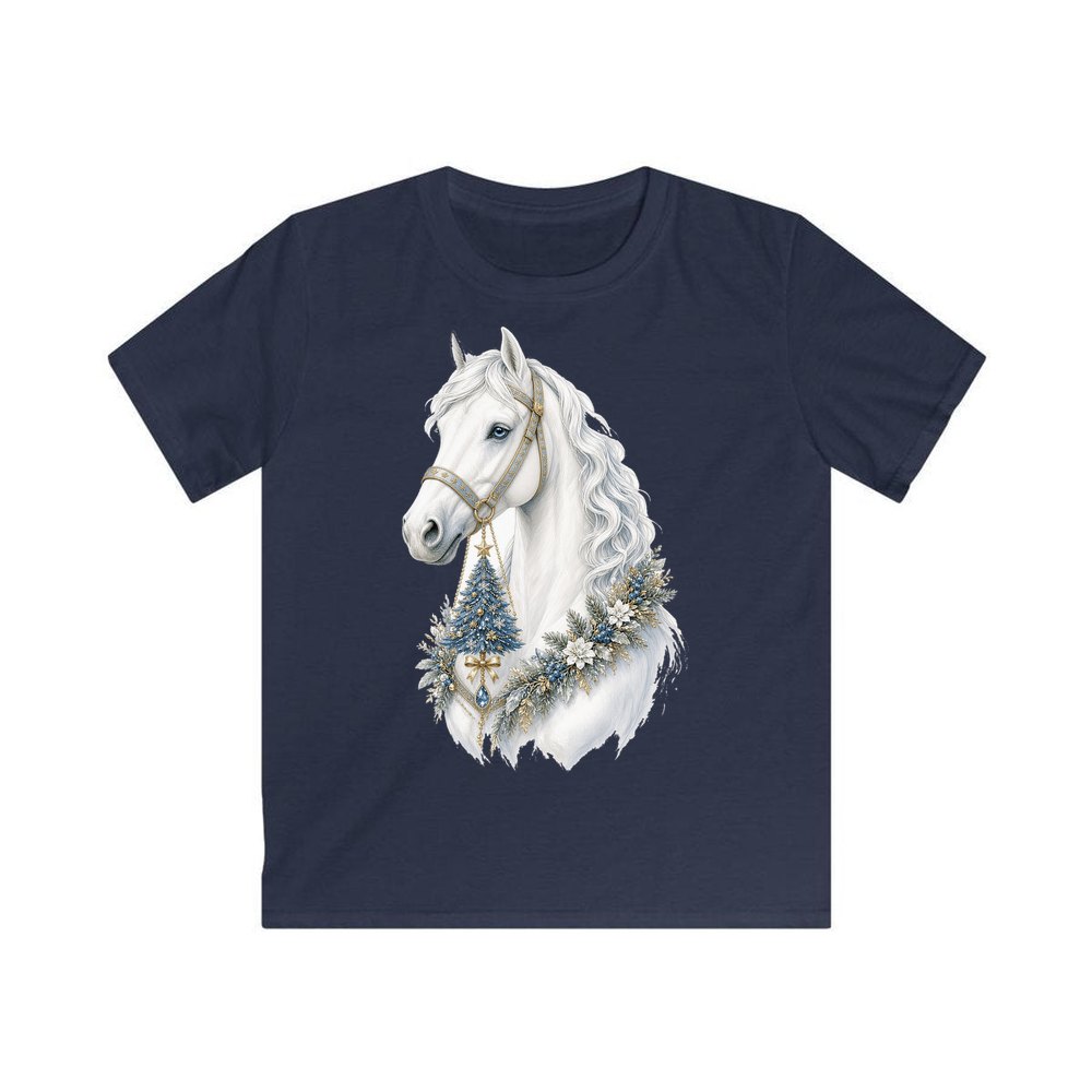 White Christmas Horse Portrait personalised kids Christmas tee in navy