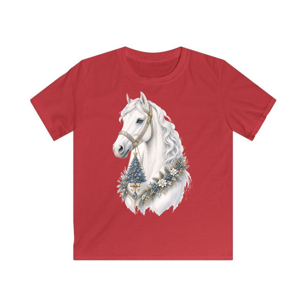 White Christmas Horse Portrait personalised kids Christmas tee in red