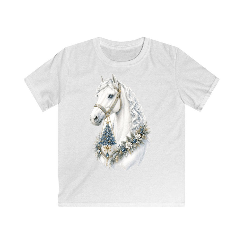 White Christmas Horse Portrait personalised kids Christmas tee in white