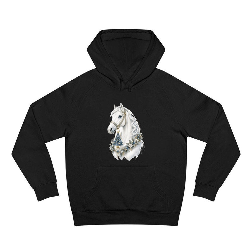 White Christmas Horse Portrait personalised Christmas hoodie in black