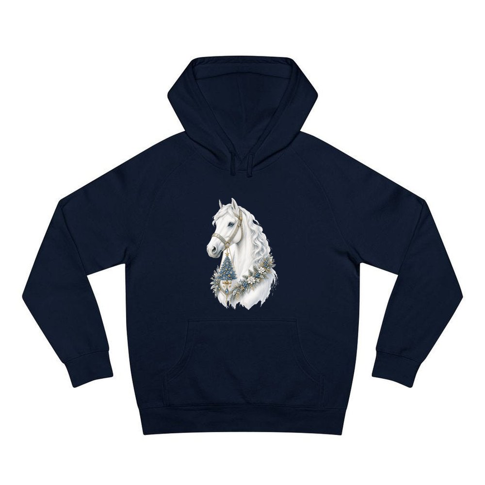White Christmas Horse Portrait personalised Christmas hoodie in navy