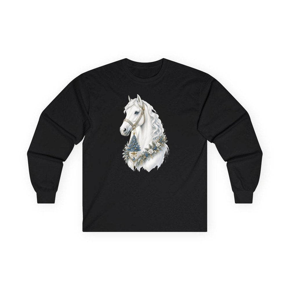 White Christmas Horse Portrait personalised long sleeve Christmas T-shirt in black