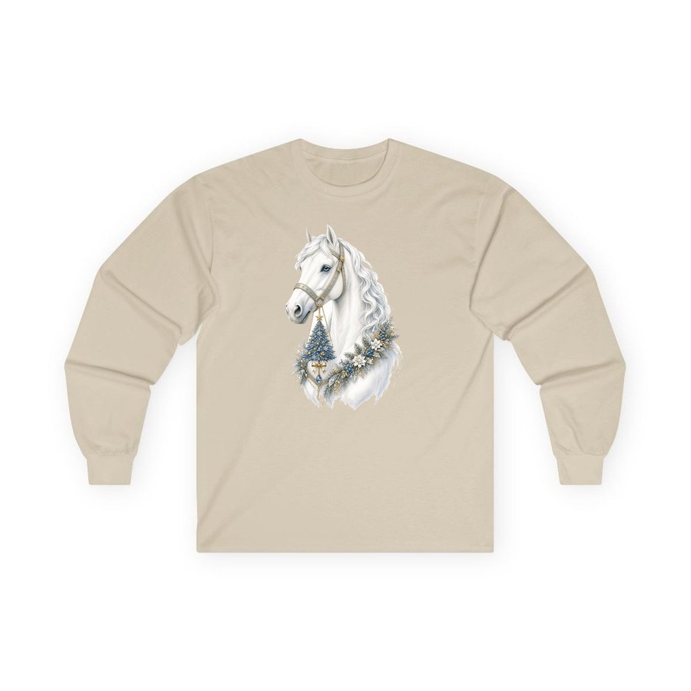 White Christmas Horse Portrait personalised long sleeve Christmas T-shirt in sand