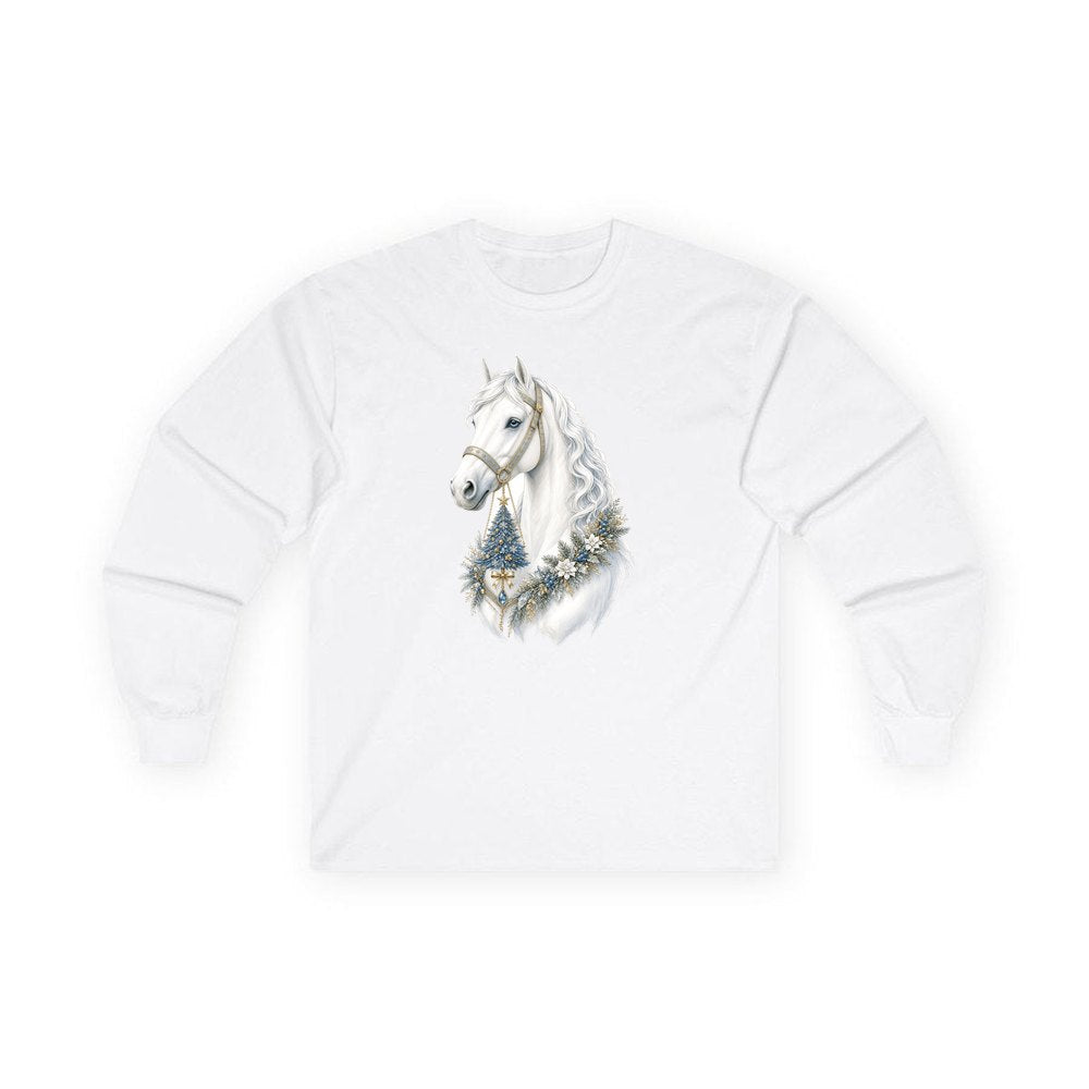 White Christmas Horse Portrait personalised long sleeve Christmas T-shirt in white