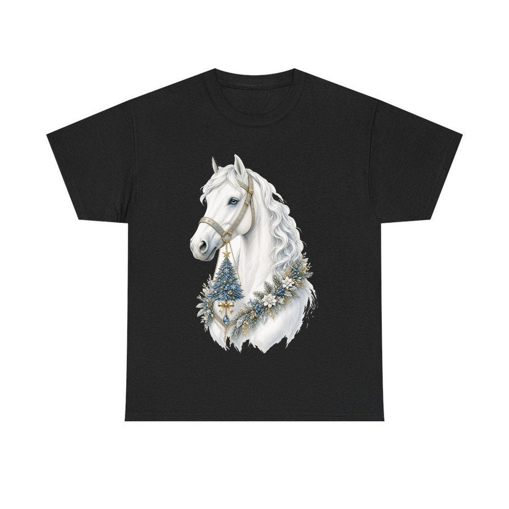 White Christmas Horse Portrait personalised Christmas T-shirt in black